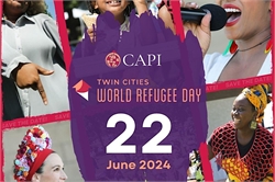 [ai] A collage promoting Twin Cities World Refugee Day on June 22, 2024. The background features smiling diverse individuals engaging in community activities, with event details highlighted in a purple box.